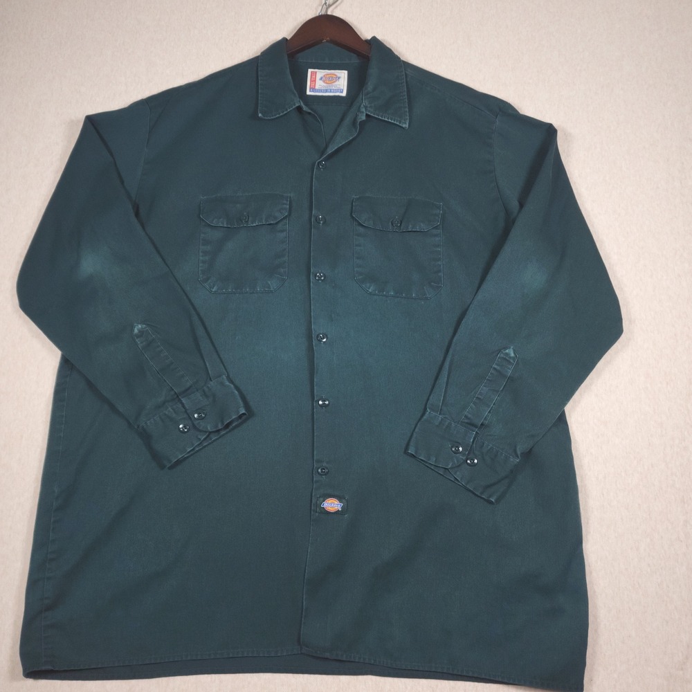Dickies Long Sleeve Work Shirt Mens 2XL Tall Dark Green Pocket Button Up Flaw